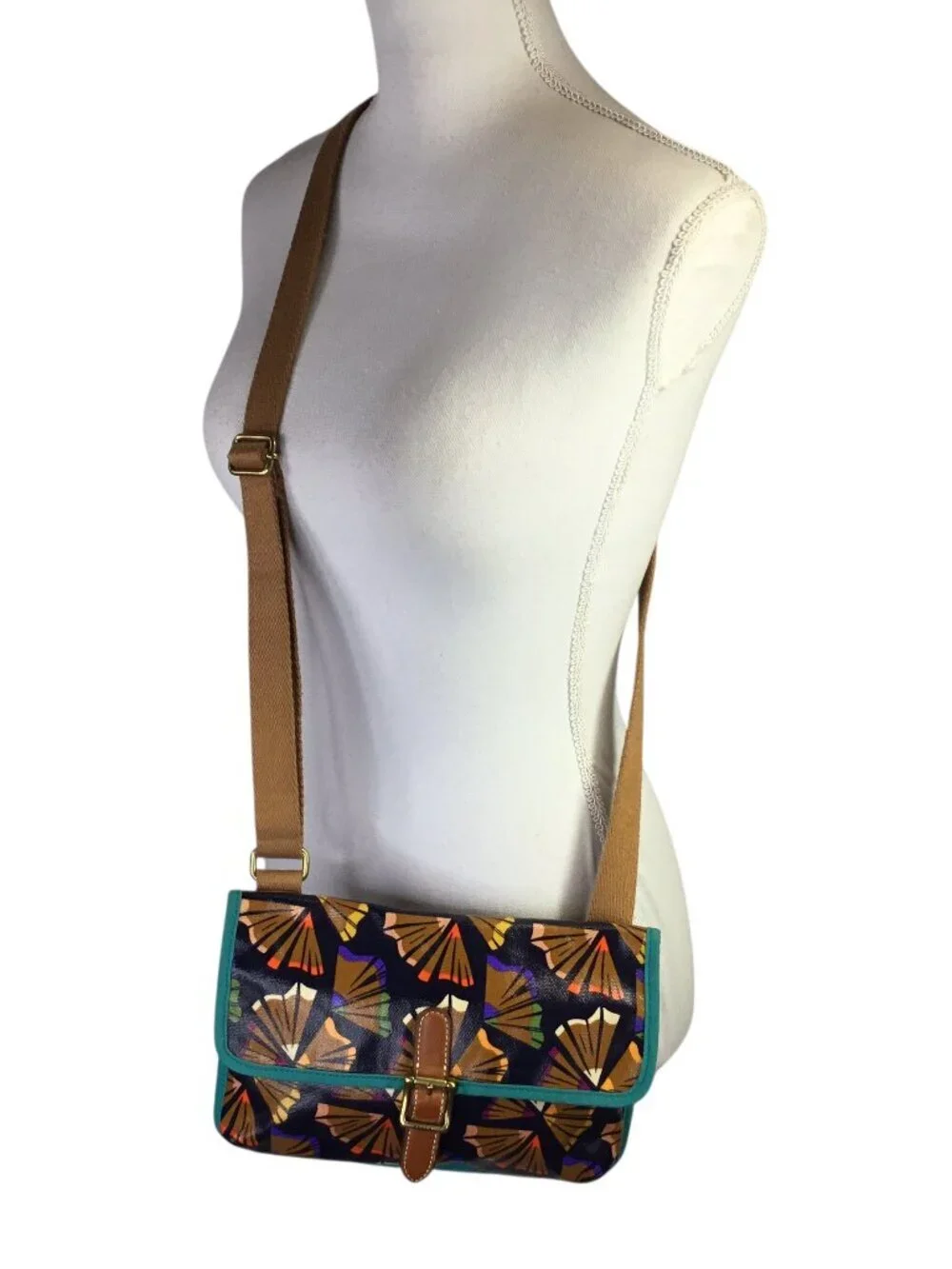 Fossil Crossbody Waxed Coated Canvas Purse Bag Colored Pencil Shavings Teal Trim